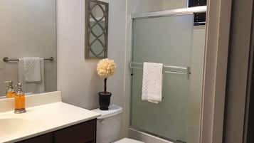 Hair dryer, towels, soap, toilet paper