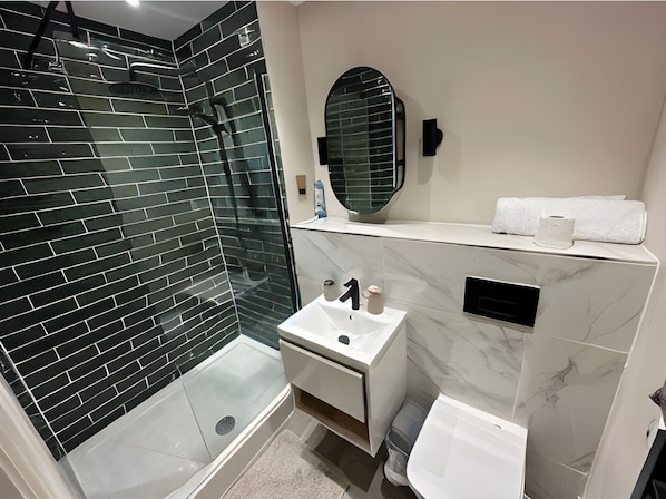 Shower, hair dryer, towels, soap