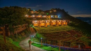 A hillside hotel with multiple tents and cabins, a paved pathway, and terraced fields. - Phuwin Homestay Monjam (Mae Rim)