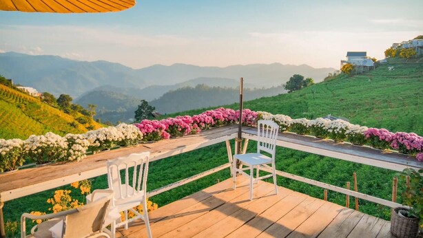 A wooden deck with white chairs and a table, overlooking a lush green landscape with a row of colorful flowers and distant mountains. - Phuwin Homestay Monjam (Mae Rim)