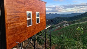 A wooden cabin with two windows and a balcony, elevated on stilts, overlooking terraced tea plantations and mountains. - Phuwin Homestay Monjam (Mae Rim)