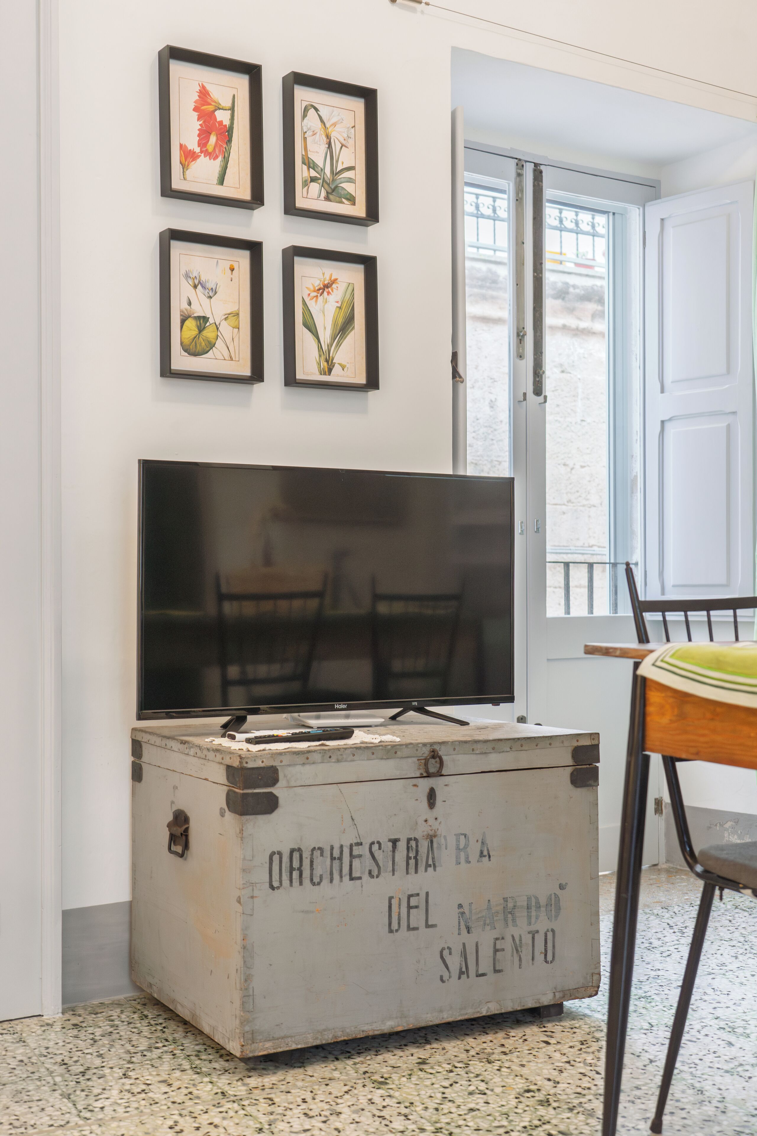 A room with a television on a wooden chest, framed botanical prints on the wall, and a door leading outside.