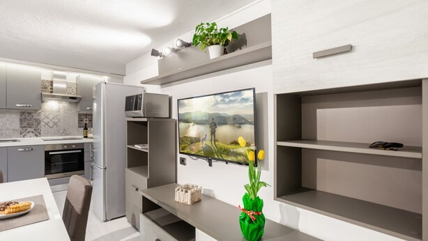 A modern kitchen with a built-in TV, a dining area, and a plant on the wall.