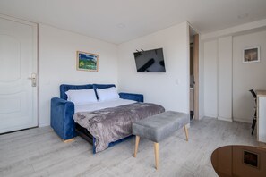 Un dormitorio con cama, un banco, televisor y puerta.