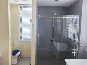 Hair dryer, towels, toilet paper
