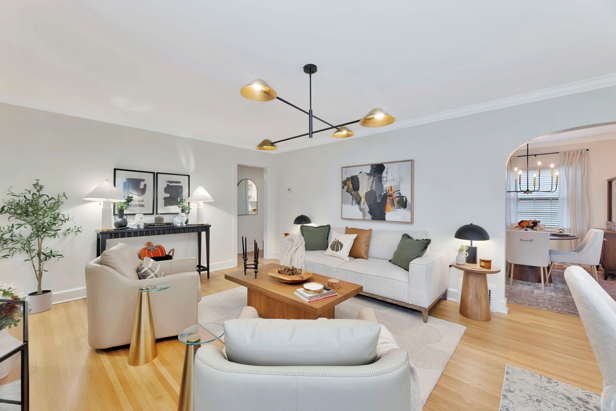 A modern living room with a sofa, coffee table, and a dining area with a table and chairs.