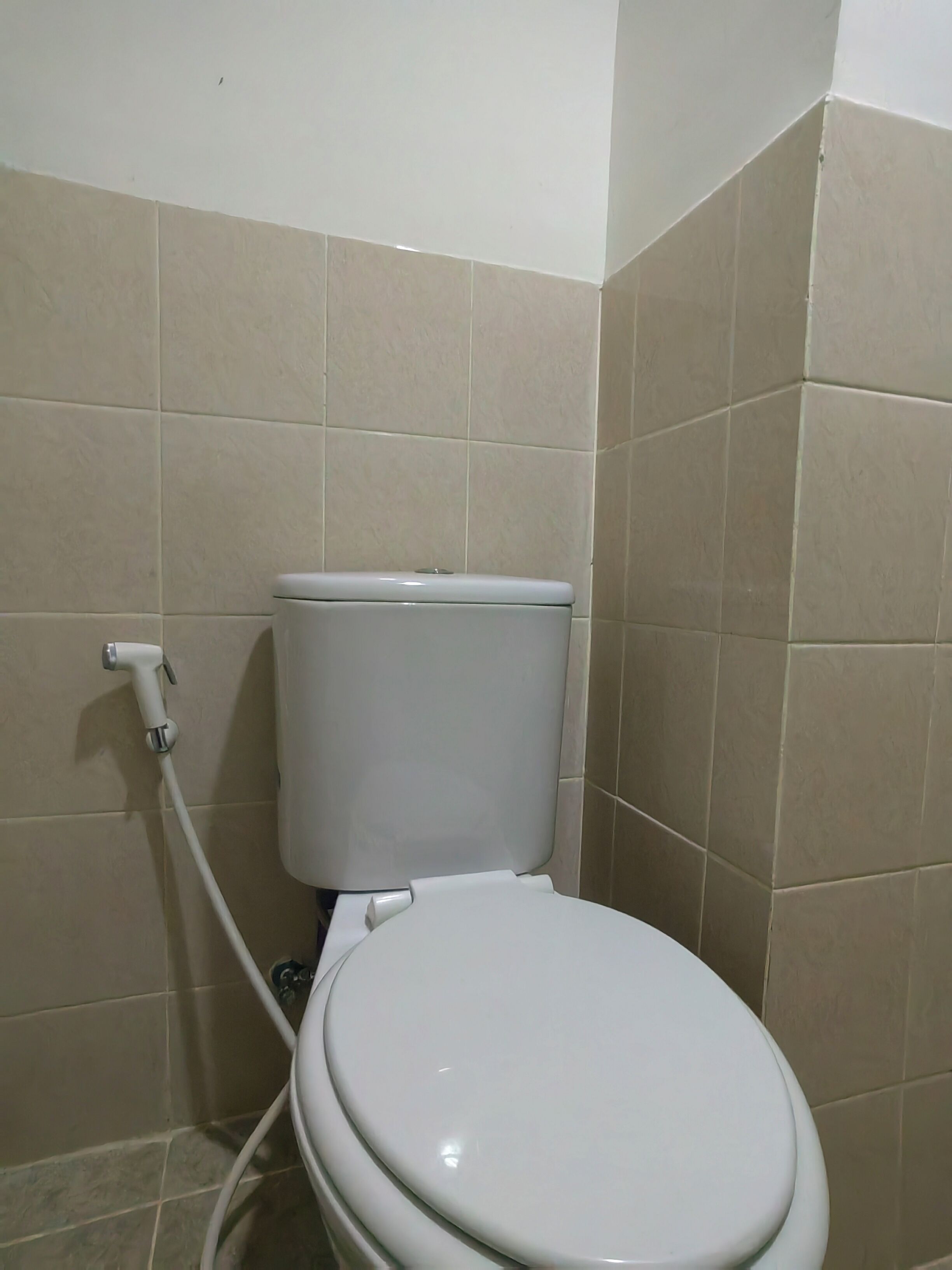 A bathroom with a white toilet, beige tiles, and a visible pipe.