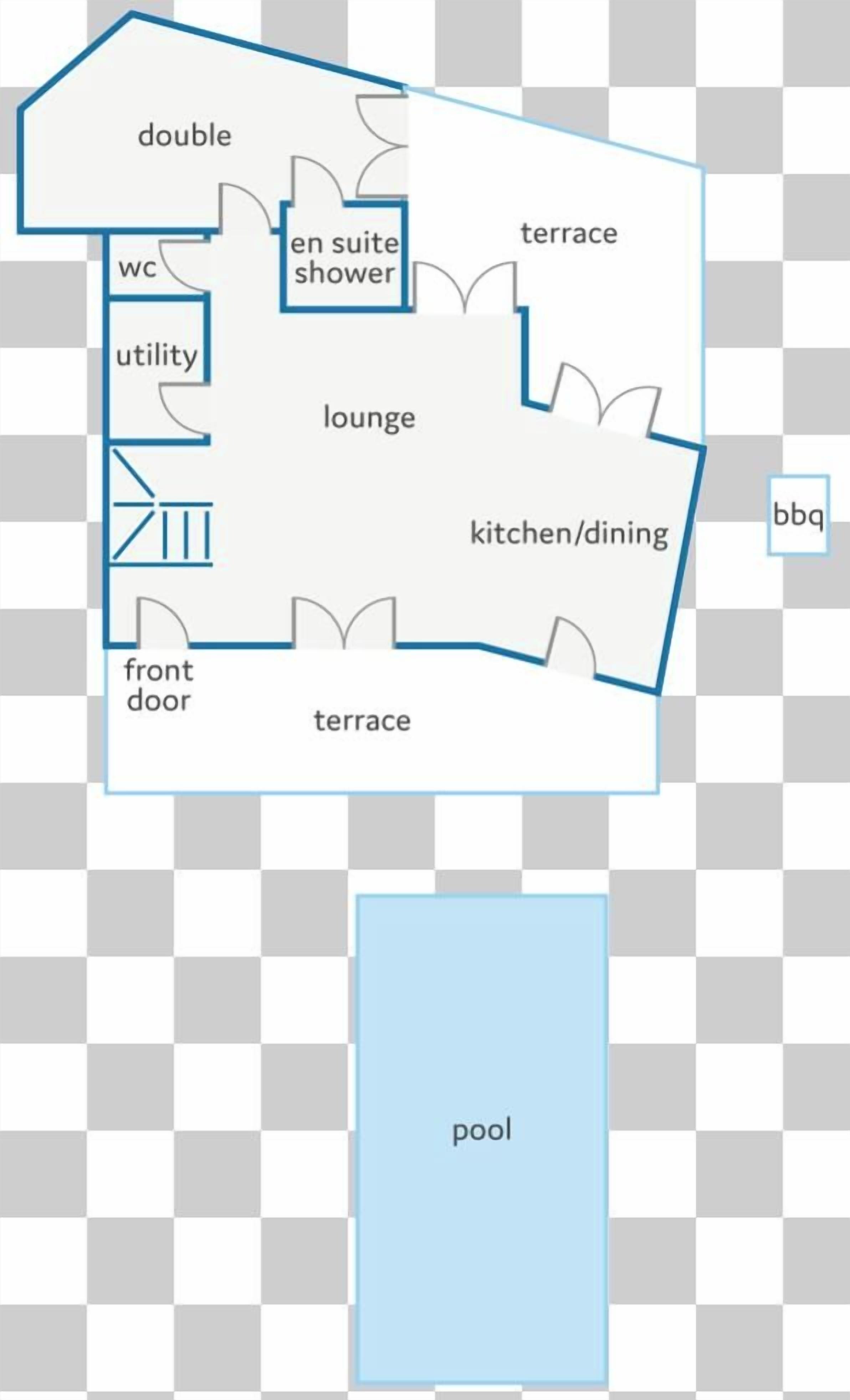 Un plan d’étage comprenant une chambre double, une salle de bain attenante avec douche, une terrasse, un salon, une cuisine/salle à manger, un barbecue et une piscine.
