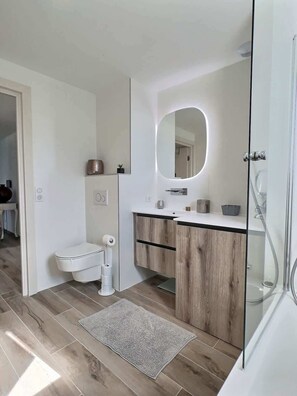 Shower, hair dryer, towels