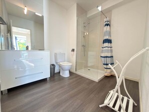 Shower, hair dryer, towels