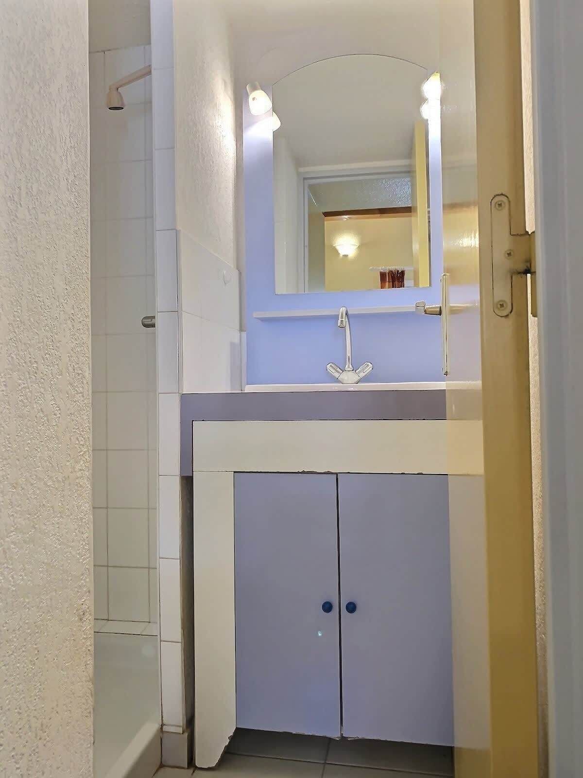 A bathroom with a white sink, a mirror above it, and a shower area to the left.