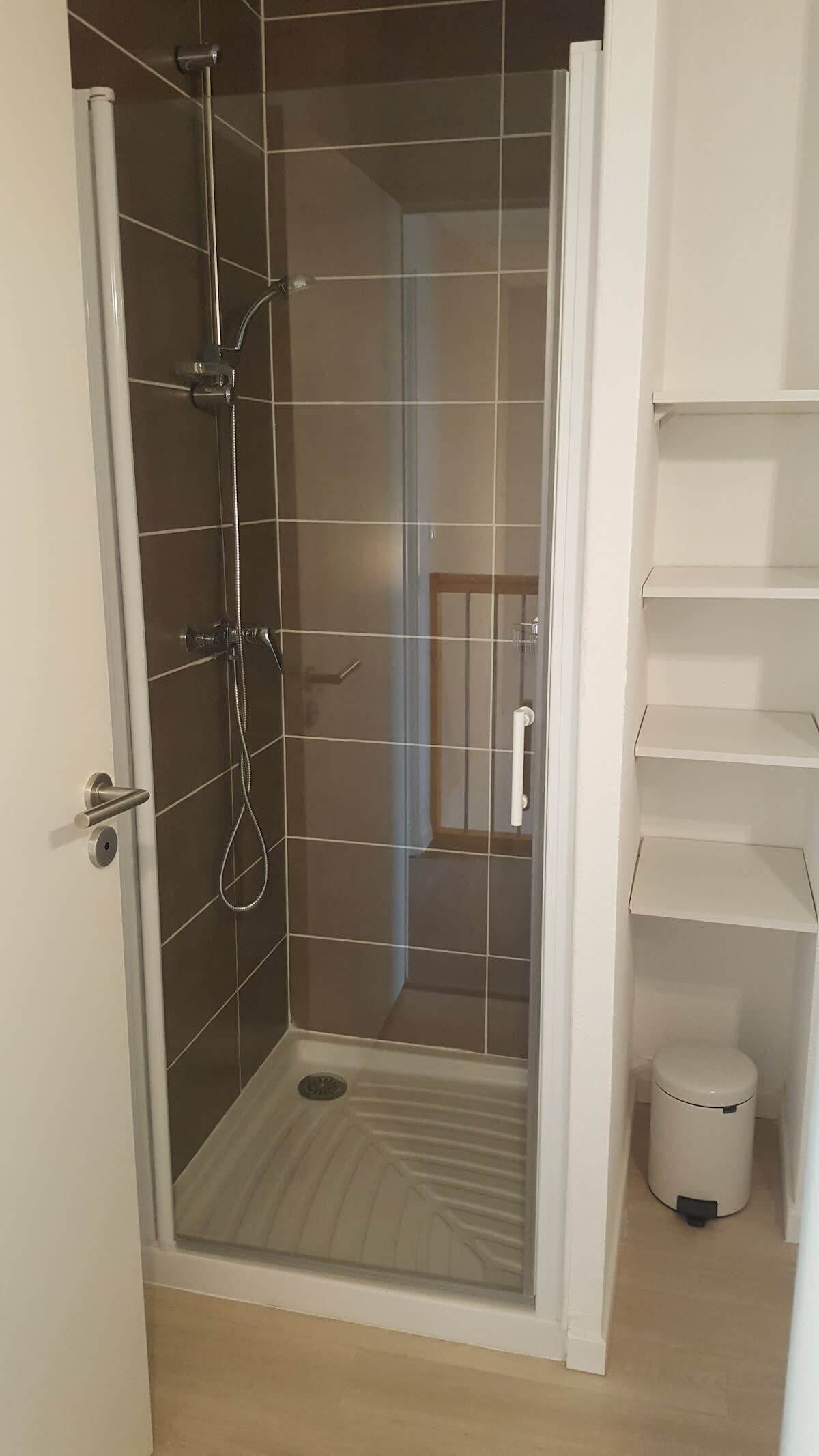 Dusche, Haartrockner, Handtücher, Shampoo