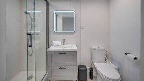 Ein modernes Badezimmer mit einer Duschkabine, einem weißen Waschbecken mit Spiegel und einer Toilette.