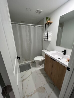 Regadera, secadora de cabello, bidet, toallas 