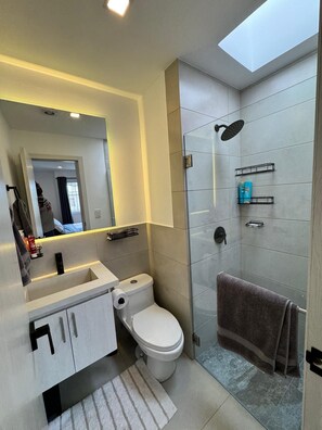 Hair dryer, towels, soap, toilet paper