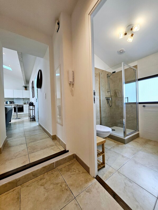 A modern bathroom with a glass-enclosed shower, a toilet, and a sink.