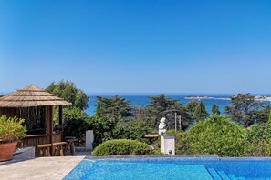 Area piscina con vista sul mare, un padiglione con tetto di paglia e una statua.