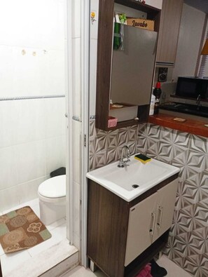 Shower, towels, toilet paper