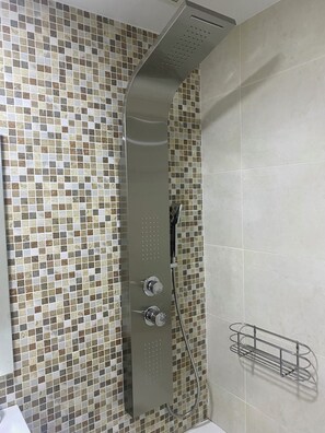 Shower, hair dryer, bidet, towels