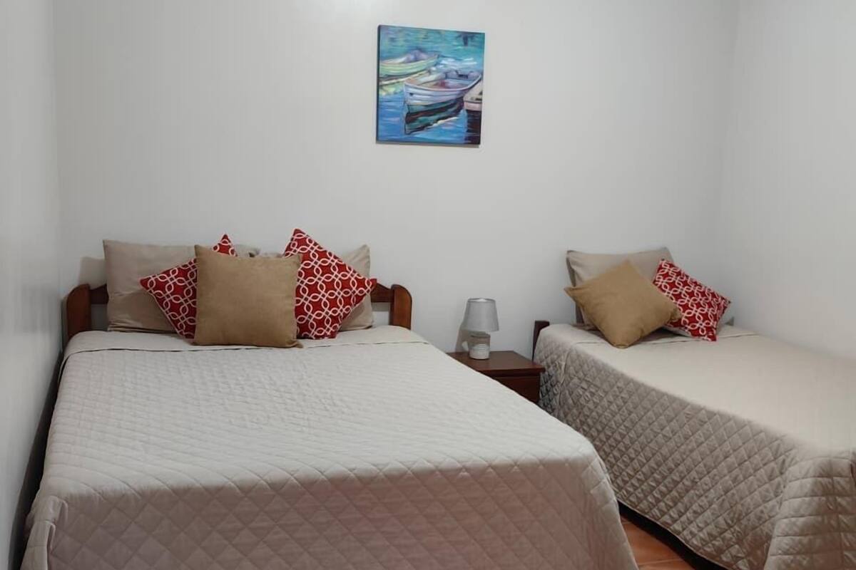 Een kamer met twee bedden, elk voorzien van een gewatteerde spreidek en decoratieve kussens, een schilderij aan de muur, en een airconditioner boven de bedden.