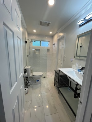Shower, hair dryer, bidet, towels