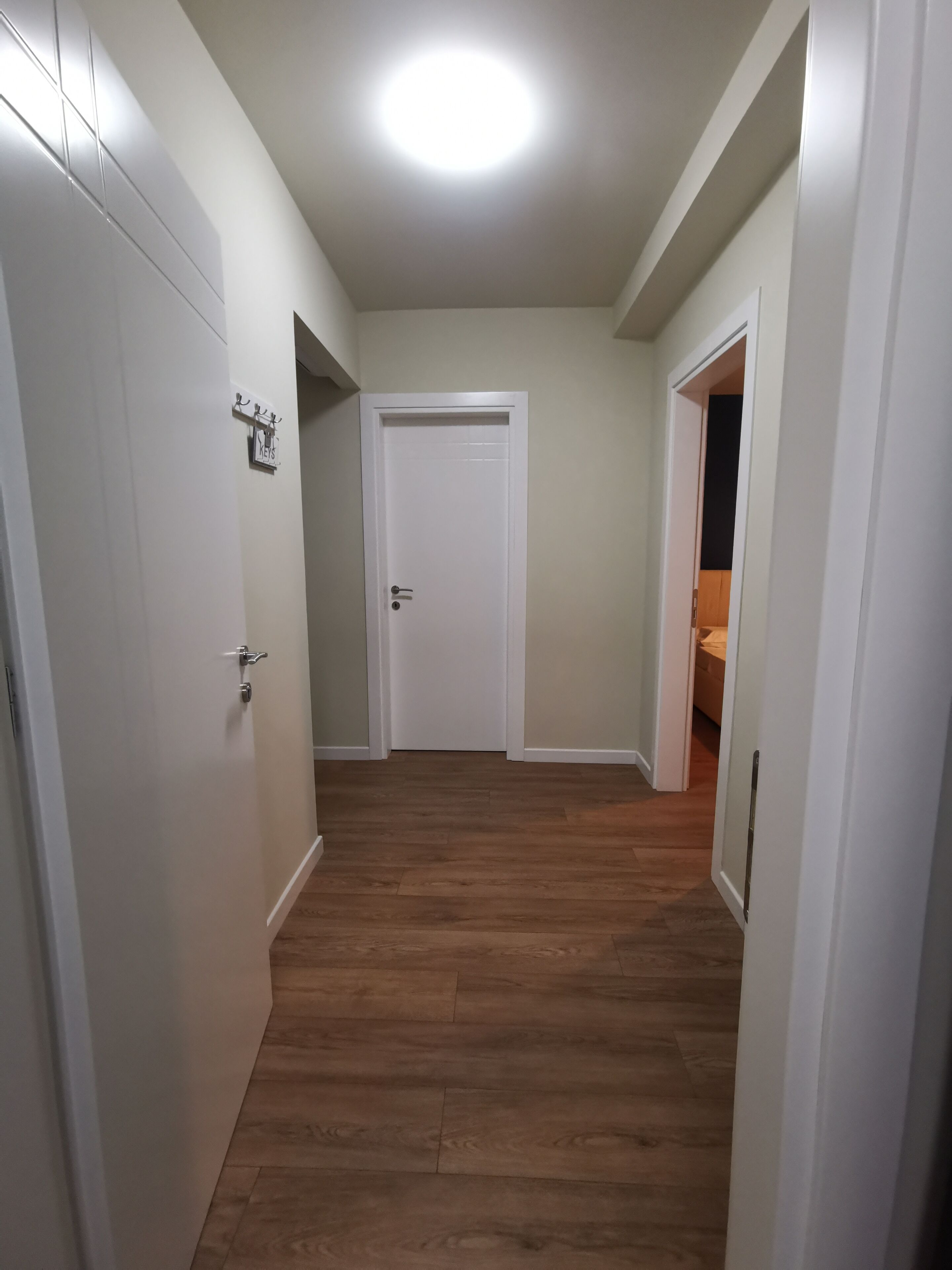 A hallway with wooden flooring, white walls, and a white door at the end.