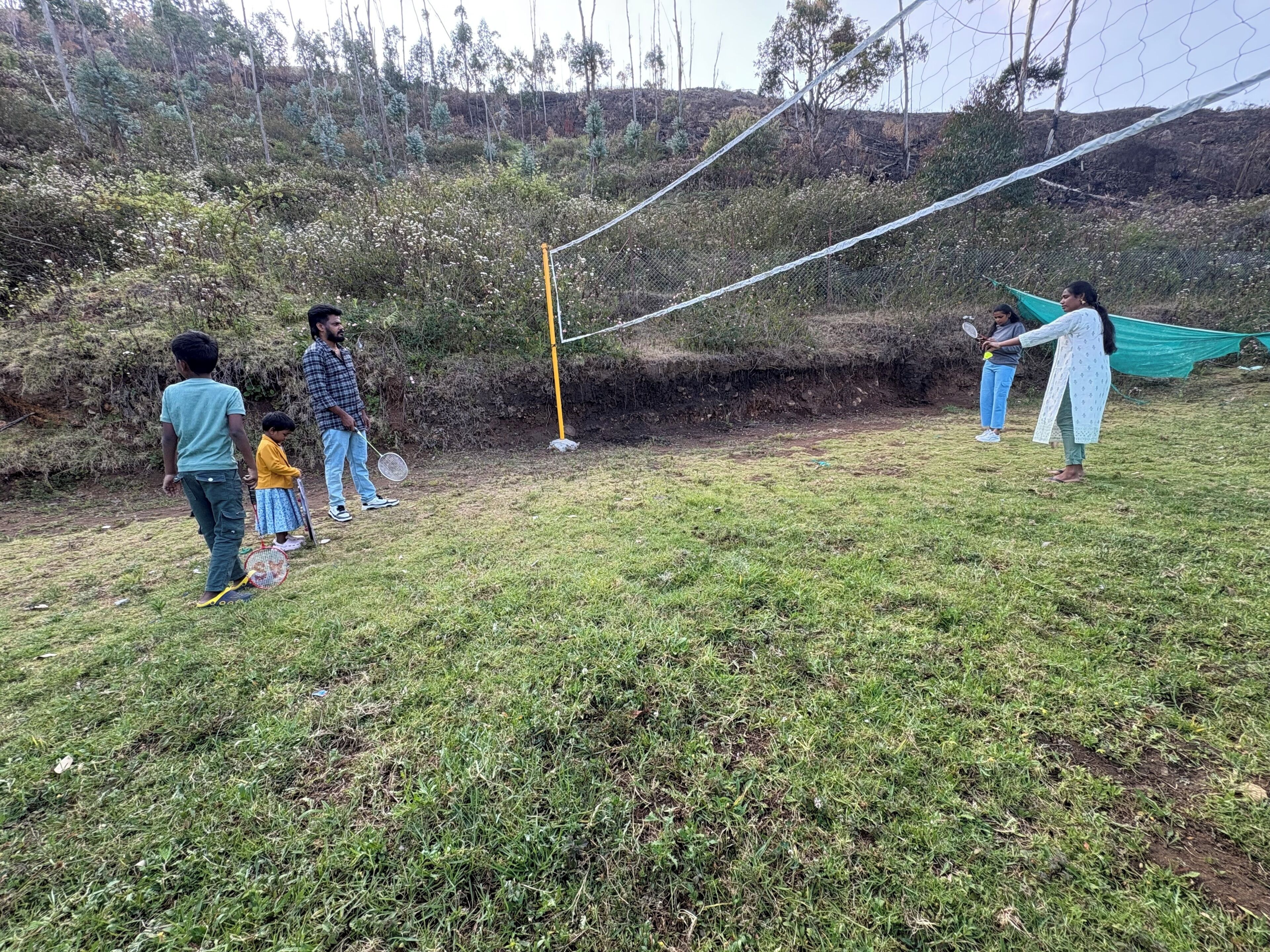 A grassy outdoor area with a yellow pole and a green net.