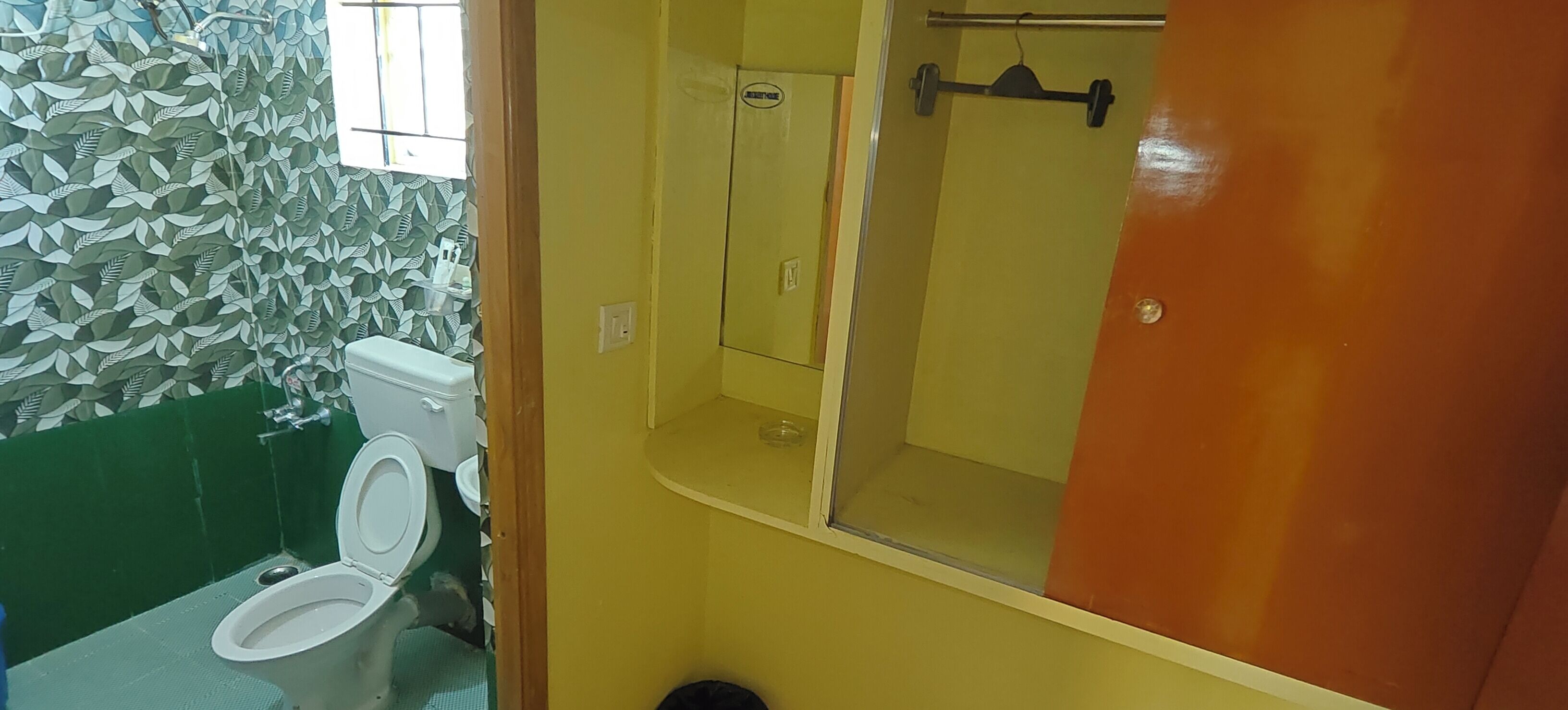 Un bagno piccolo con il water, uno specchio e una doccia.