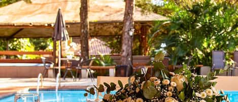 Outdoor pool, pool umbrellas, pool loungers