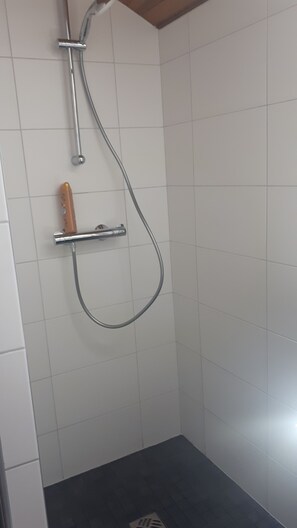 Ducha, secador de pelo, toallas y jabón