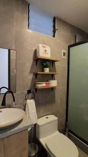 Douche, sèche-cheveux, serviettes fournies, savon