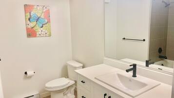 Hair dryer, towels, soap, toilet paper