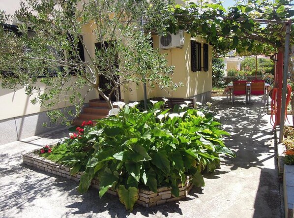 A courtyard with a garden bed, a small tree, and a building with a staircase.