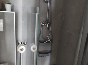 Shower, hair dryer, towels