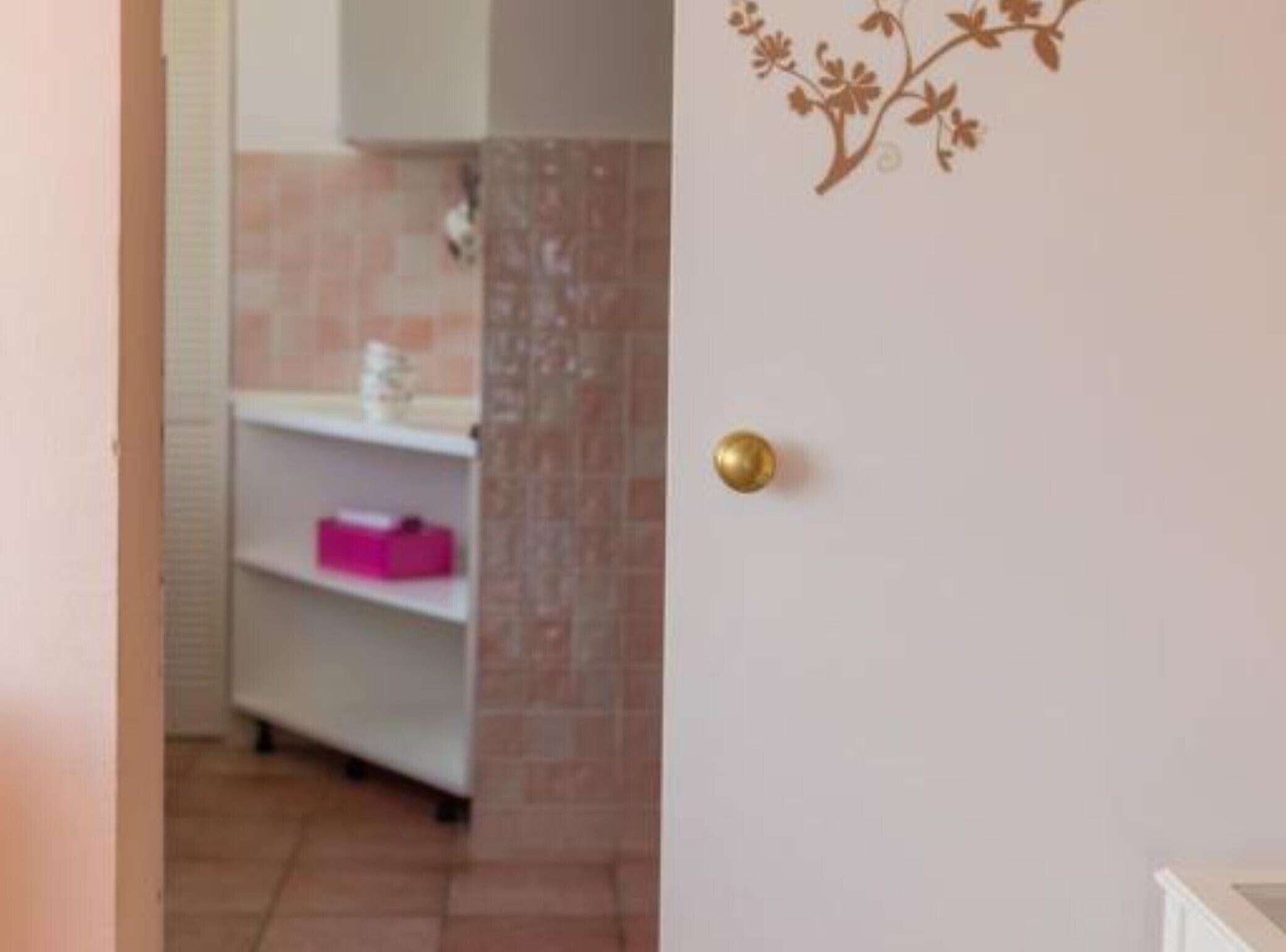 Een kamer met een witte deur, een klein plankje met roze dozen, en een muurstickers van een tak met bladeren.
