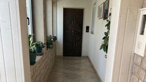 Un pasillo con piso estampado, una puerta con diseño decorativo y plantas en macetas sobre un repisa.
