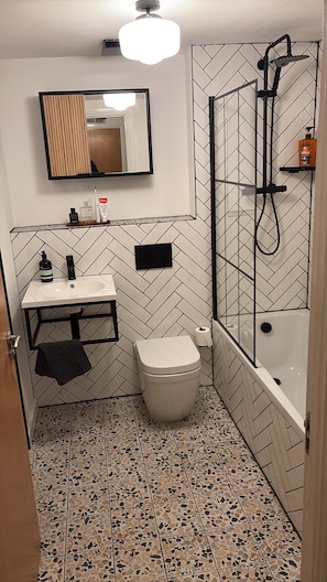 Secador de cabelo, toalhas de banho, sabonete, papel higiênico