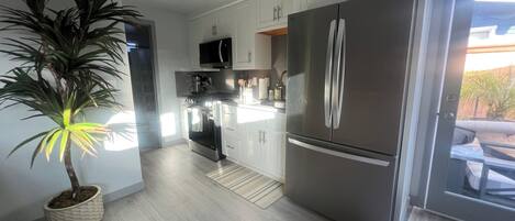 A modern kitchen with stainless steel appliances, white cabinetry, and a potted plant.