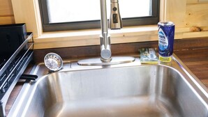 Un évier de cuisine en acier inoxydable, doté d’un robinet moderne, avec une fenêtre au-dessus et une bouteille de liquide vaisselle Dawn posée sur le comptoir.