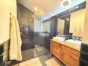 Shower, hair dryer, towels, soap