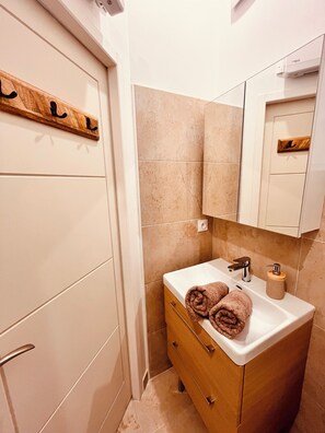 Shower, hair dryer, towels, toilet paper