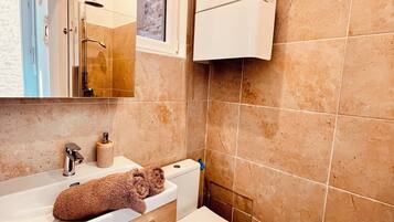 Douche, sèche-cheveux, serviettes fournies, papier toilette