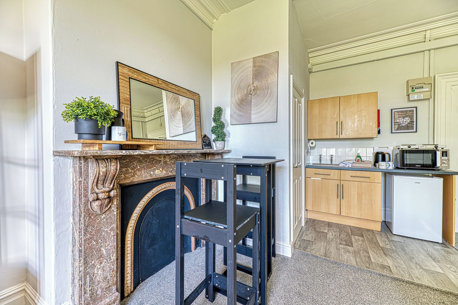 Fridge, microwave, toaster, cookware/dishes/utensils