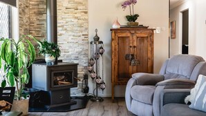 A cozy living room with a wood-burning stove, a grey sofa, and a wooden cabinet. - Entertainer's paradise pool, Spa, Movie room pet friendly, close to Aust Zoo! (Queensland)