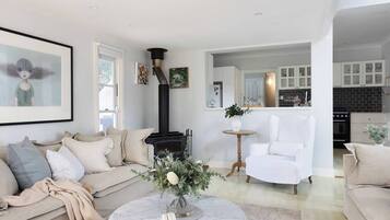 TV, fireplace, books, stereo