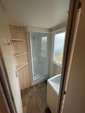 Shower, soap, toilet paper