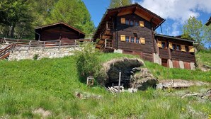 A wooden chalet with a stone staircase, surrounded by lush greenery and a clear blue sky. - Mayen Farquesses (Evolène)
