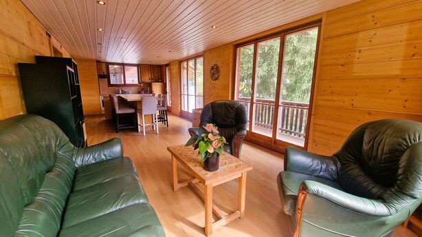 A wooden cabin interior with a dining area, two leather sofas, a small table with a plant, and large windows.