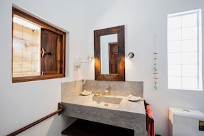 Shower, hair dryer, soap, shampoo