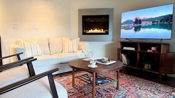 Smart TV, fireplace, books, stereo